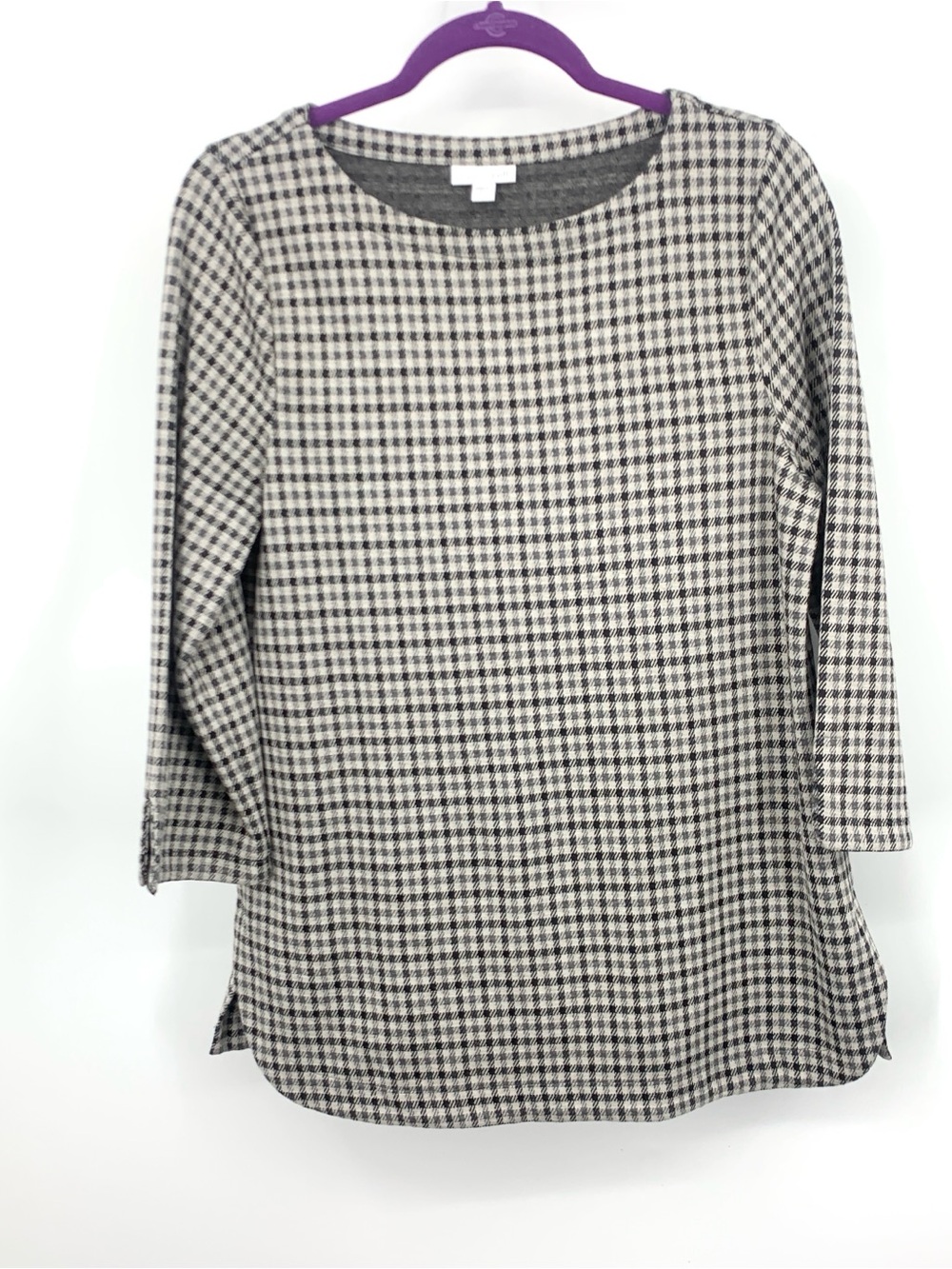 J Jill Ponte Women Size Medium Shirt Black Gray Checkered Plaid Tunic Top 3/4